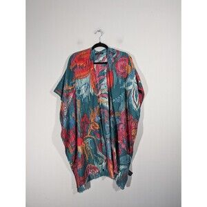 Do Everything In Love Kimono Women One Size Green Tropical Print Boho Fringe Hem